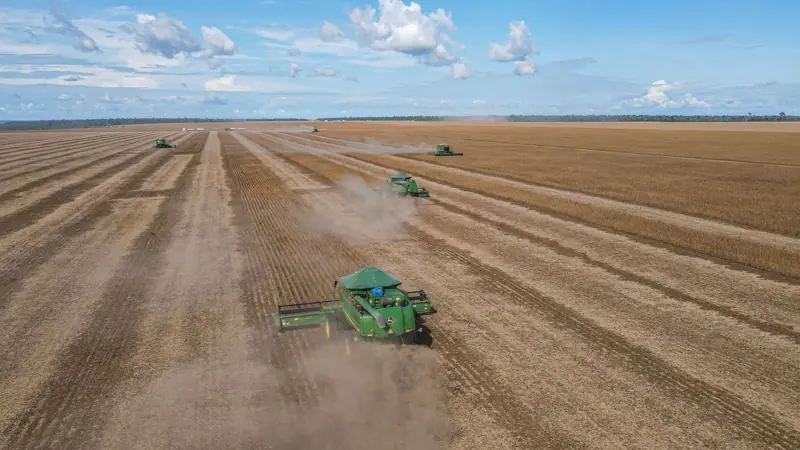 Colheitadeiras trabalhando em lavoura de soja no Brasil, vista aérea